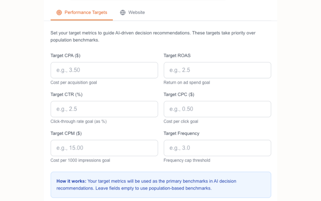 Set your target ROAS, CPA goals, and business context